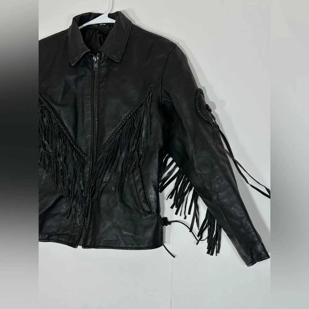 Fringed Black Leather Motorcycle Jacket Vintage Biker Women Medium 1990s Western - Picture 5 of 15